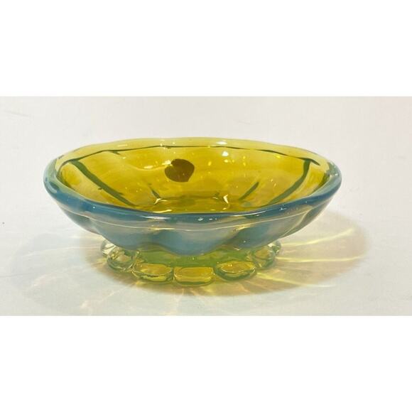 Vintage Murano Art Glass Camer MCM Yellow Blue Small Footed Bowl - Picture 6 of 15